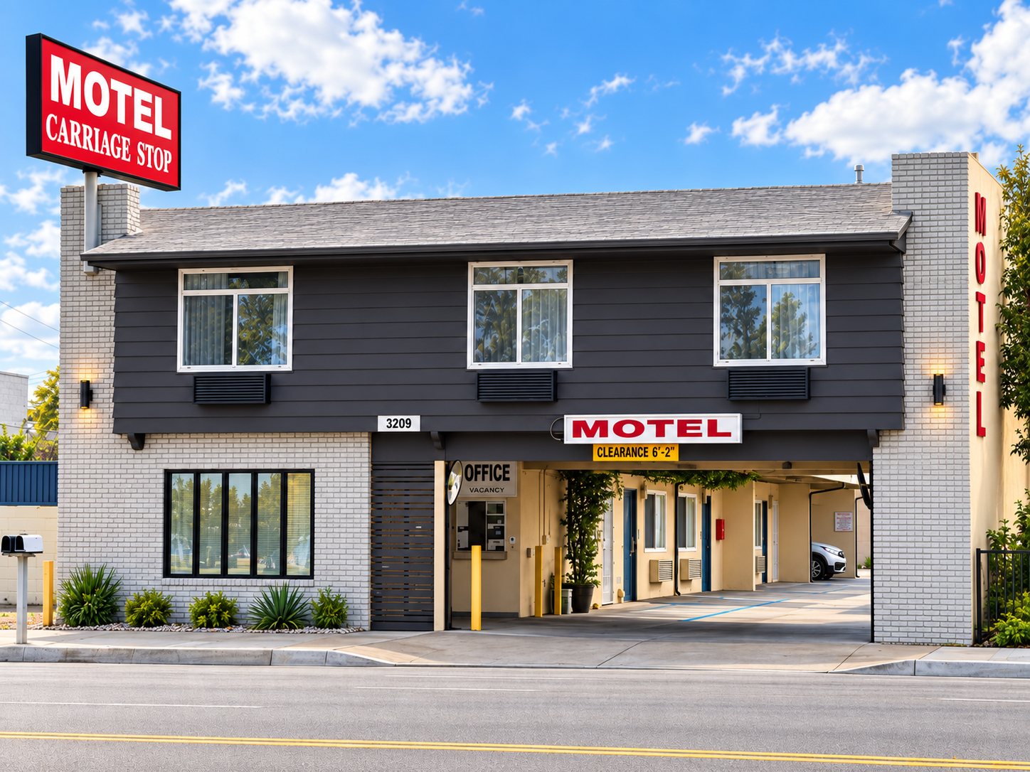 The Carriage Stop Motel on South Main Street, a freshly painted two-story building with a red MOTEL sign.
