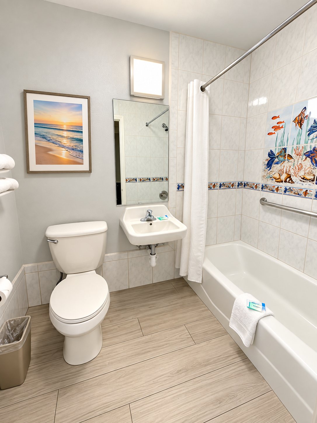 Bathroom with a full bathtub, shower curtain, grab bar and a wall-mounted sink